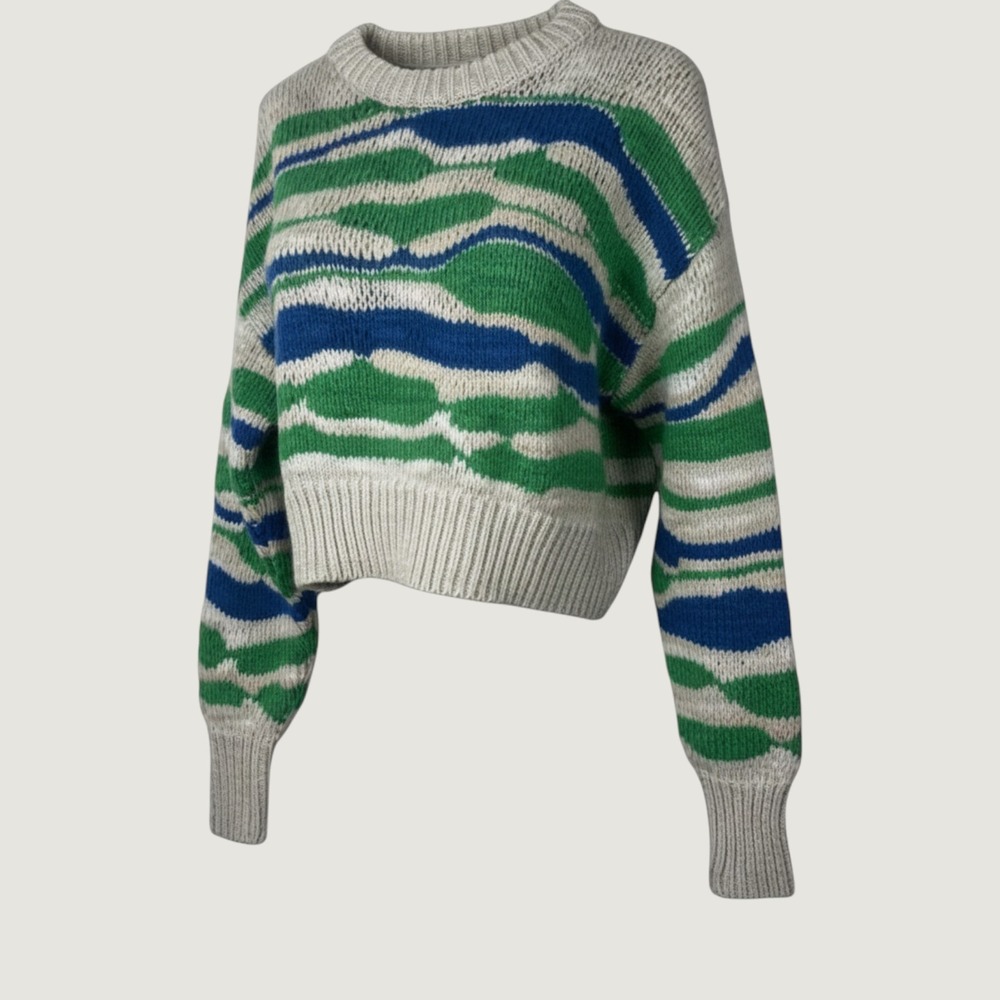 Aerie Chunky Knit Cropped Sweater Wavy Stripe Green Blue XS Pullover Indie Retro